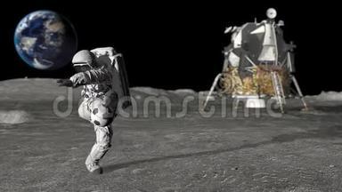 三维渲染宇航员在月球上踢足球。 慢动作。 美国宇航局提供的这段视频的元素